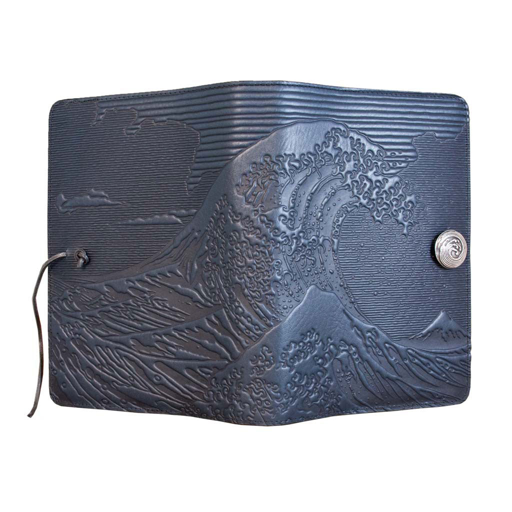 Oberon Design Large Refillable Leather Notebook Cover, Hokusai Wave, Navy - Open