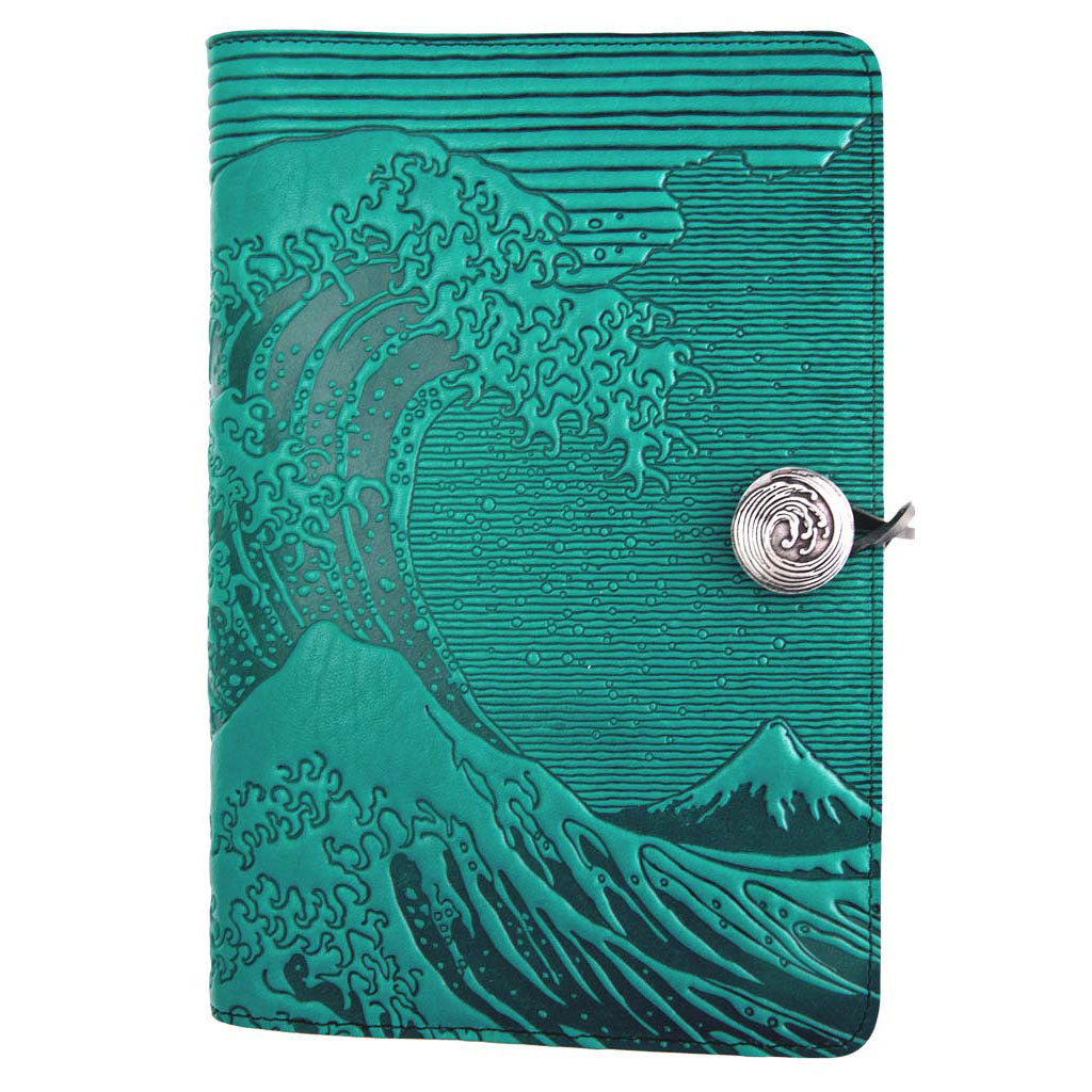 Oberon Design Large Refillable Leather Notebook Cover, Hokusai Wave, Teal