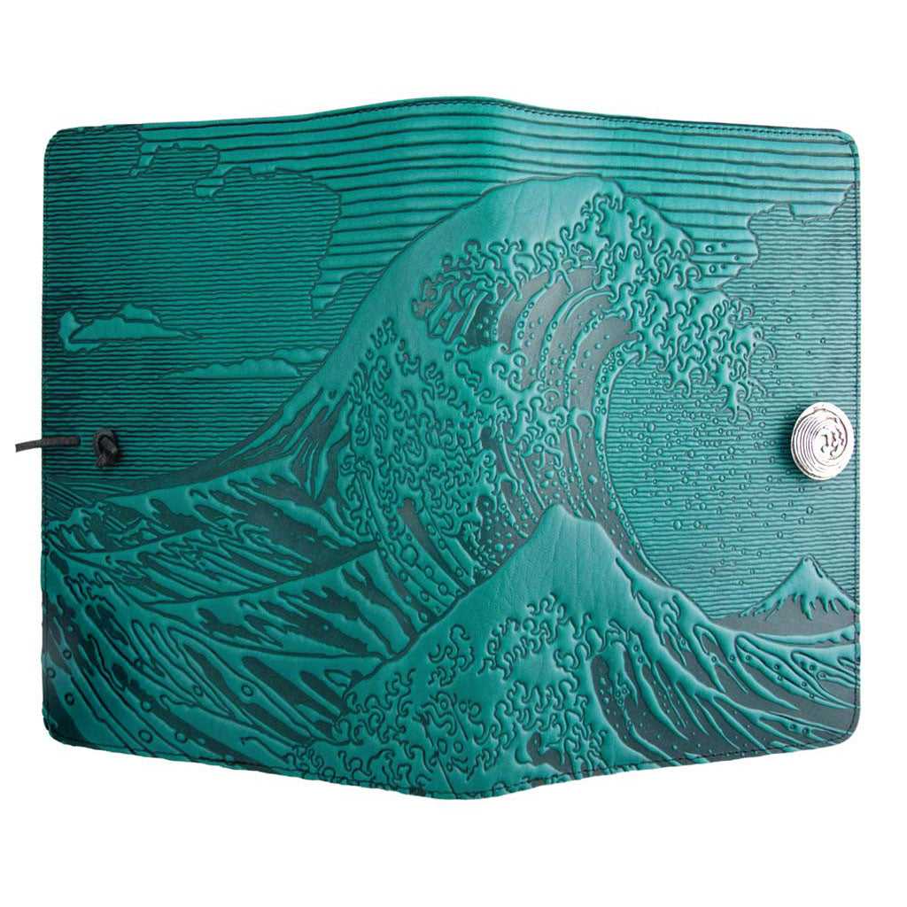 Oberon Design Large Refillable Leather Notebook Cover, Hokusai Wave, Teal - Open