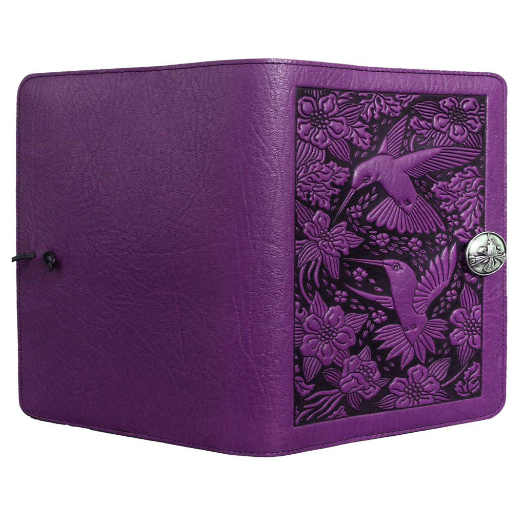 Oberon Design Large Refillable Leather Notebook Cover, Hummingbirds, Orchid - Open
