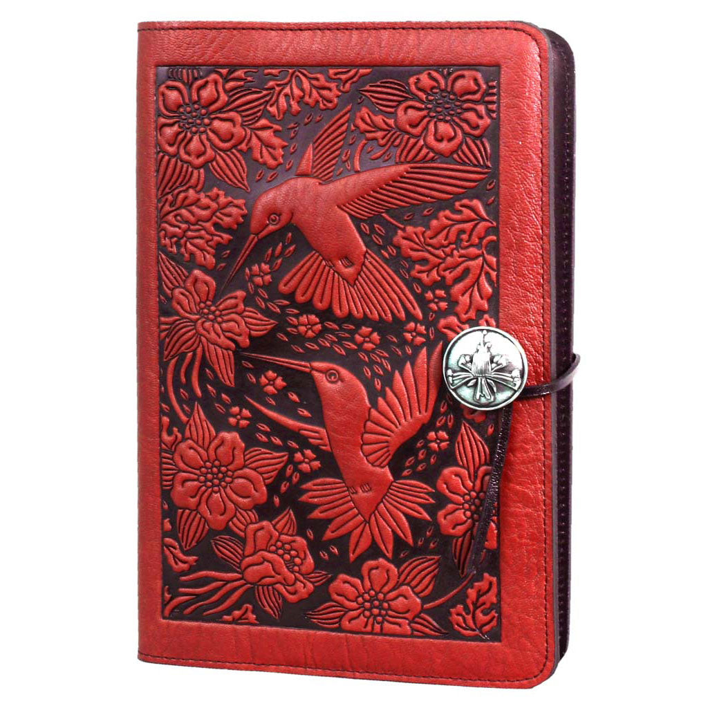 Oberon Design Large Refillable Leather Notebook Cover, Hummingbirds, Red