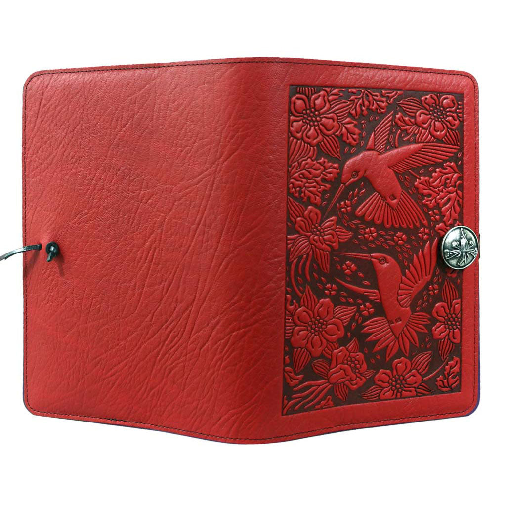 Oberon Design Large Refillable Leather Notebook Cover, Hummingbirds, Red - Open