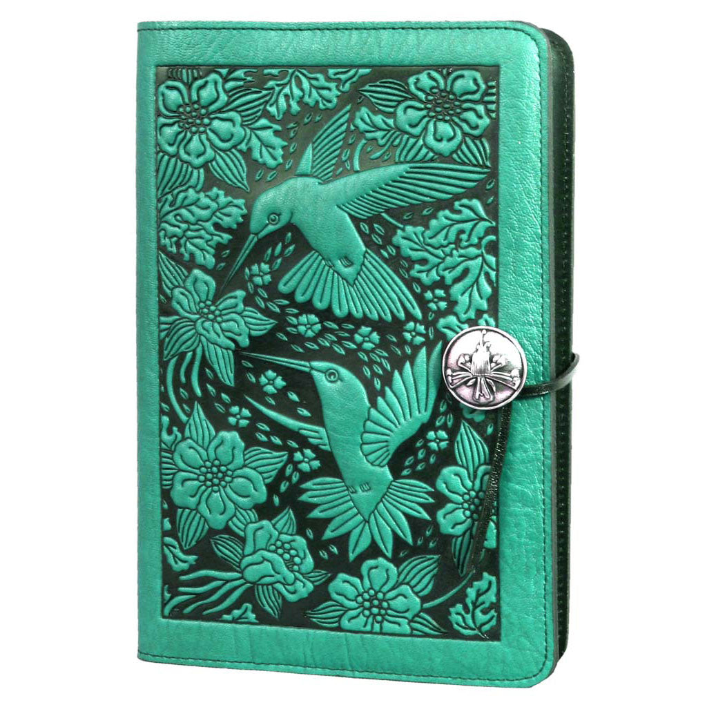 Oberon Design Large Refillable Leather Notebook Cover, Hummingbirds, Teal