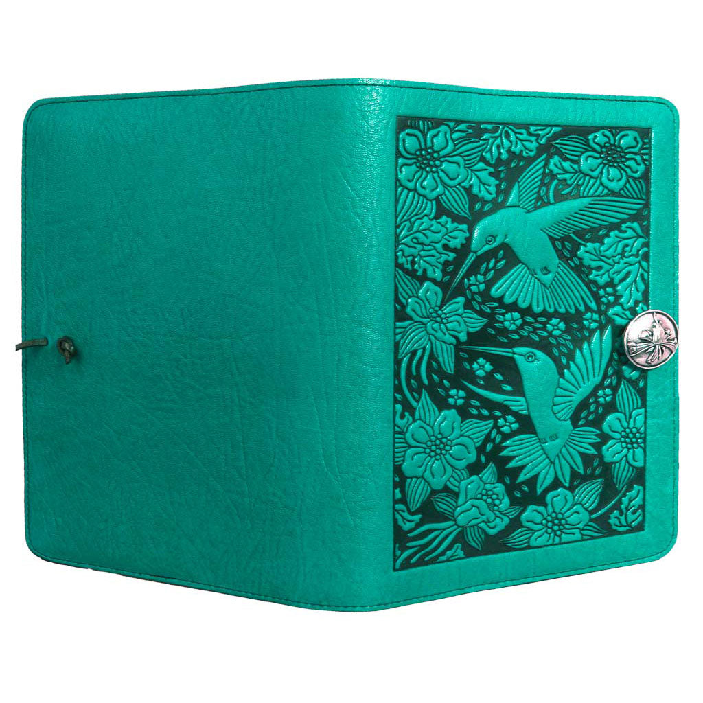 Oberon Design Large Refillable Leather Notebook Cover, Hummingbirds, Teal - Open