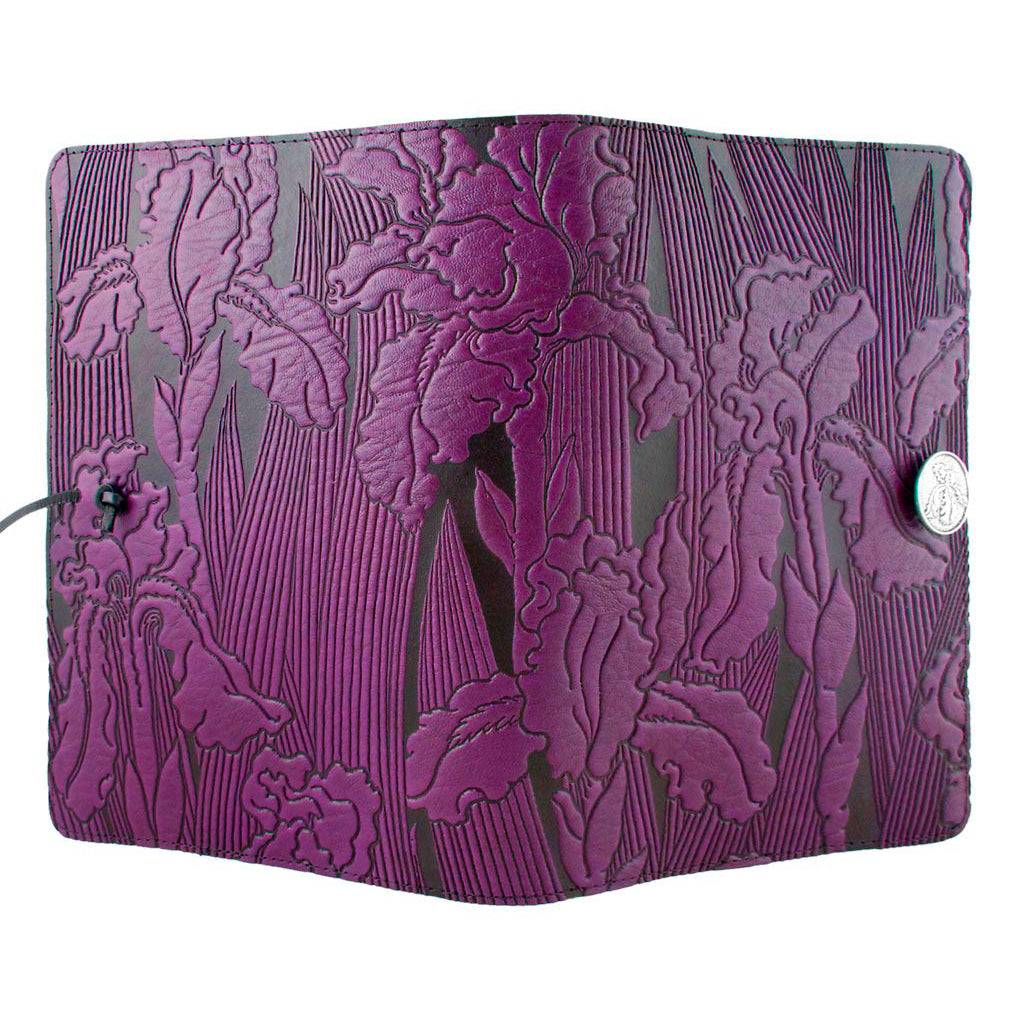 Oberon Design Large Refillable Leather Notebook Cover, Iris, Orchid, Open
