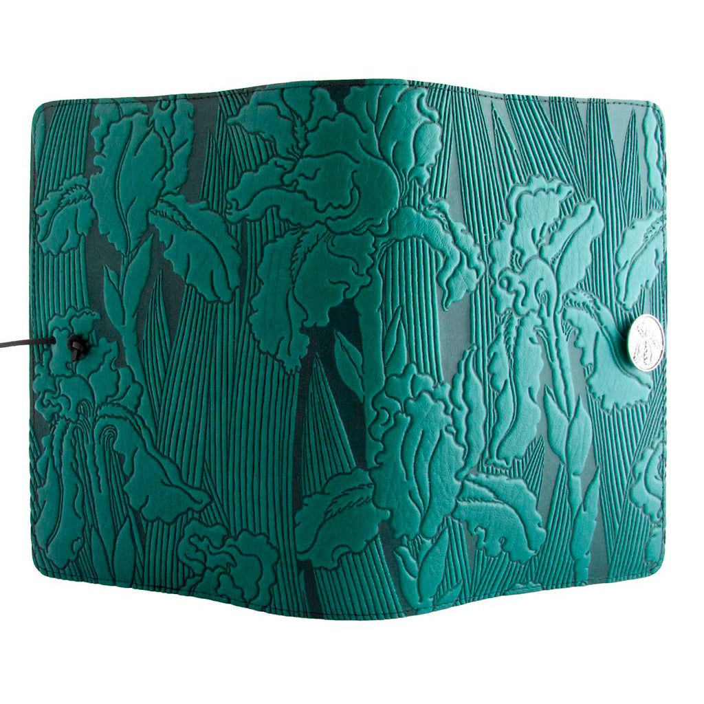 Oberon Design Large Refillable Leather Notebook Cover, Iris, Teal, Open