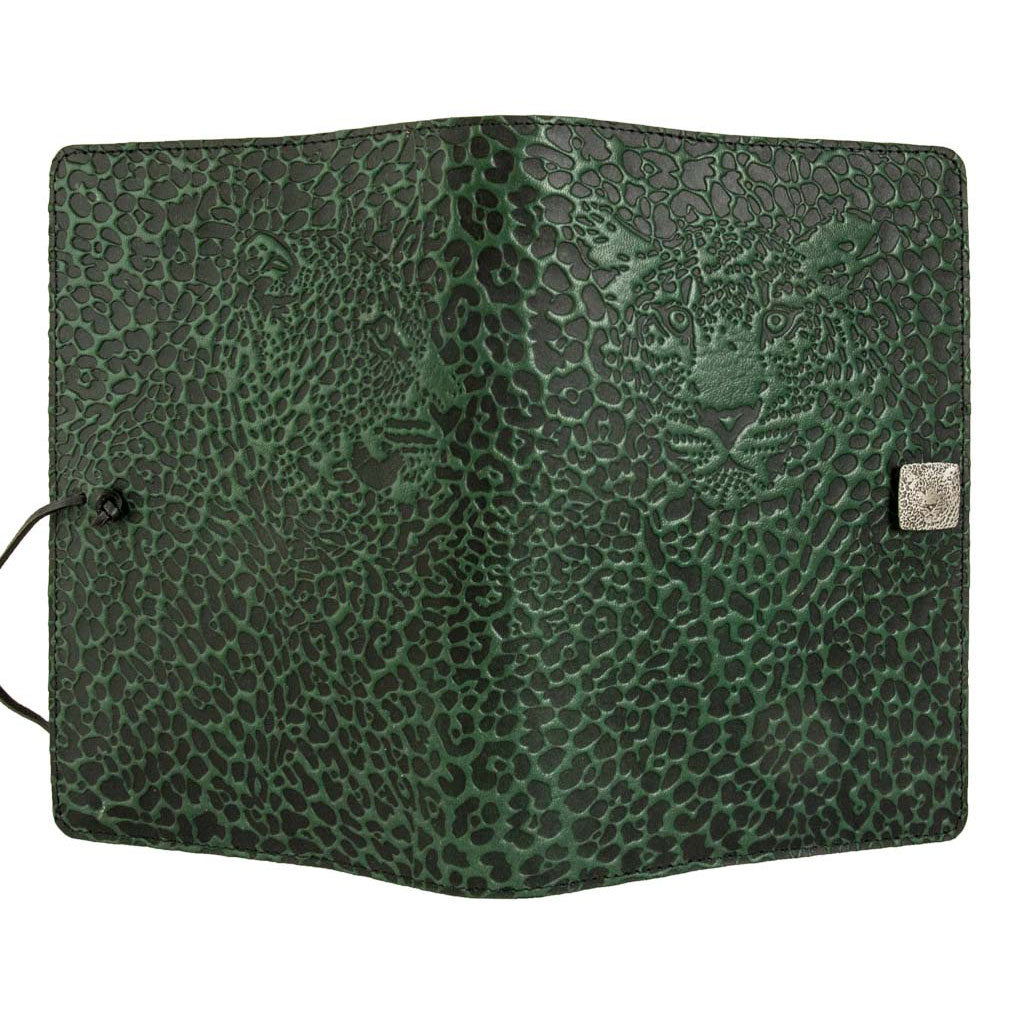 Oberon Design Large Refillable Leather Notebook Cover, Leopard, Green, Open