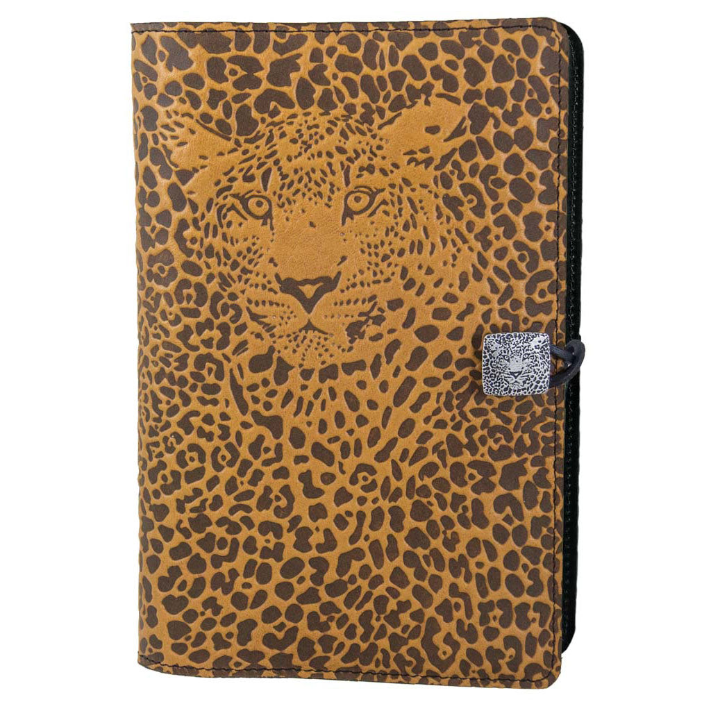 Oberon Design Large Refillable Leather Notebook Cover, Leopard, Marigold
