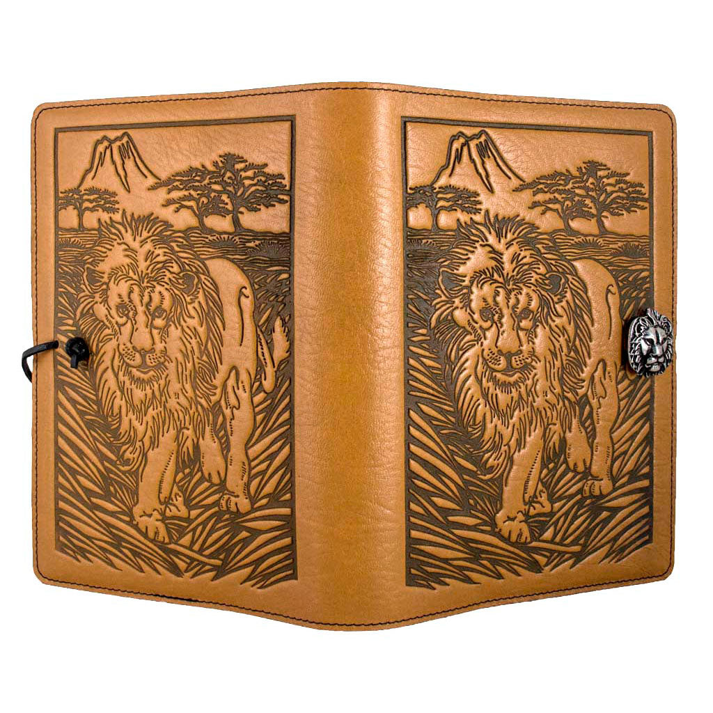 Oberon Design Refillable Large Leather Notebook Cover, Lion, Marigold - Open