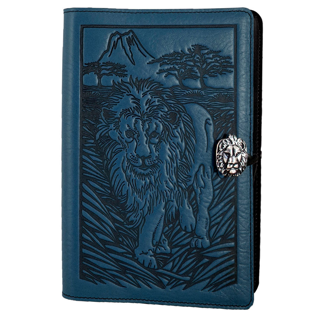 Oberon Design Refillable Large Leather Notebook Cover, Lion, Navy