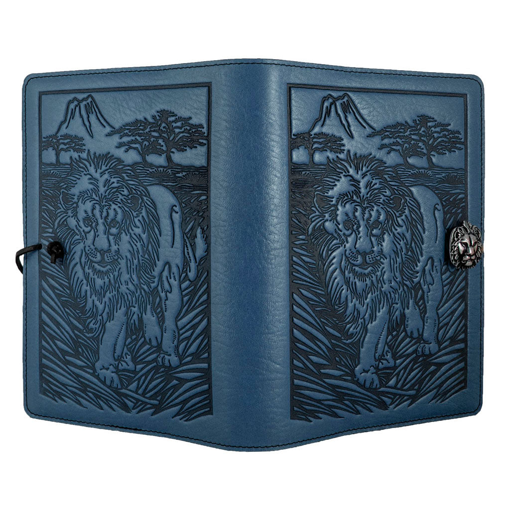 Oberon Design Refillable Large Leather Notebook Cover, Lion, Navy - Open