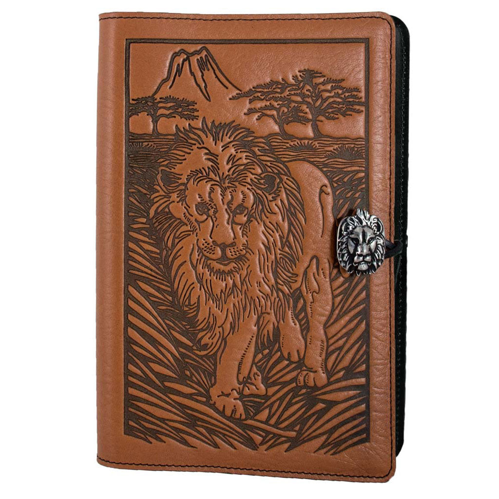 Oberon Design Refillable Large Leather Notebook Cover, Lion, Saddle
