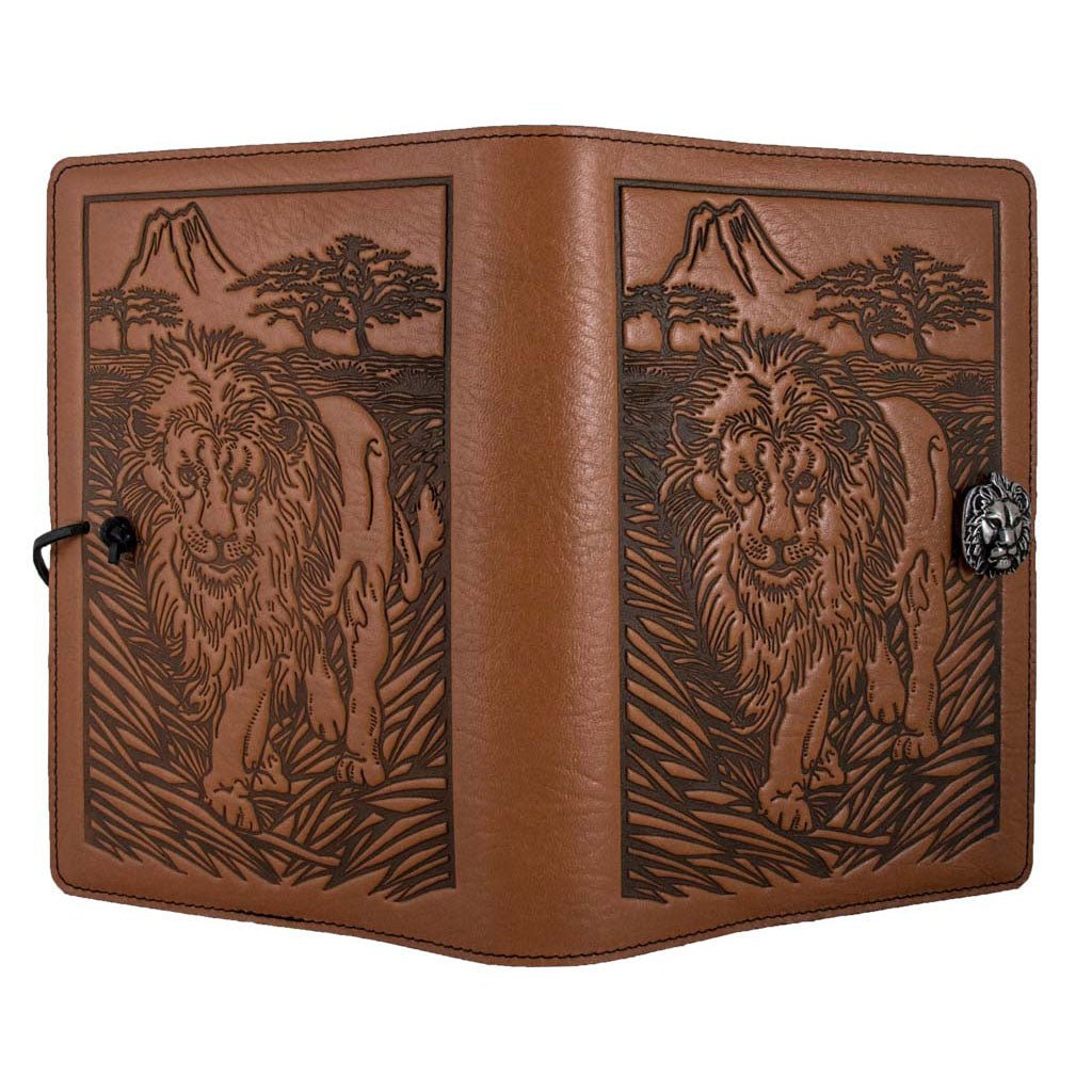 Oberon Design Refillable Large Leather Notebook Cover, Lion, Saddle - Open