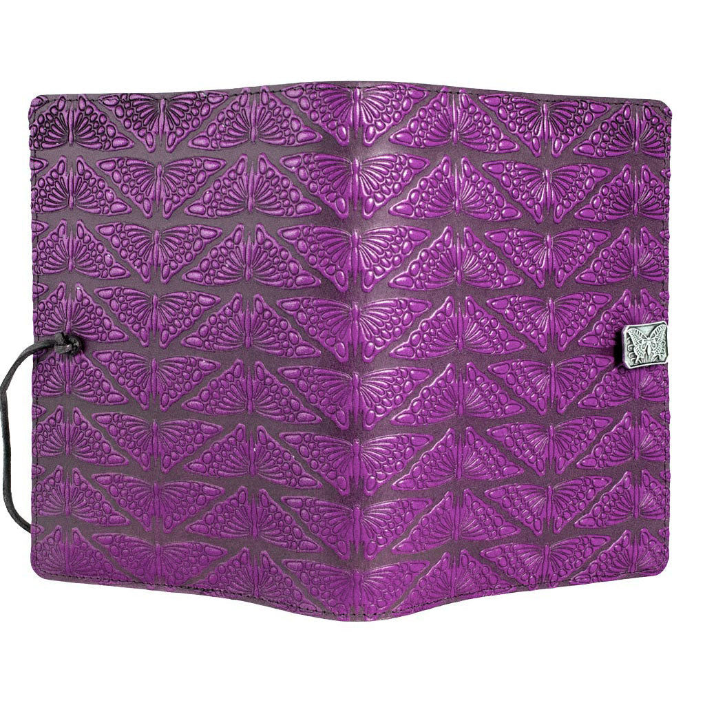 Oberon Design Refillable Large Leather Notebook Cover, Mariposas, Orchid - Open