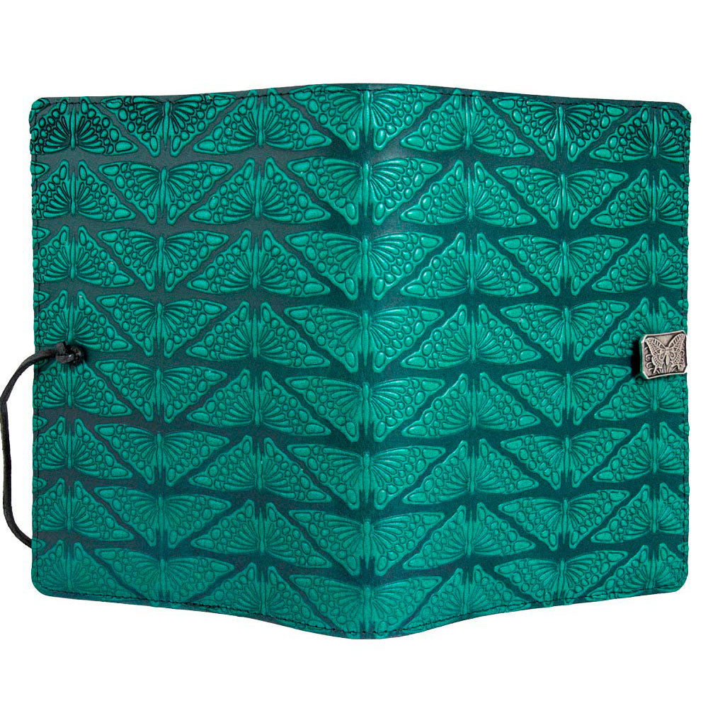 Oberon Design Refillable Large Leather Notebook Cover, Mariposas, Teal - Open