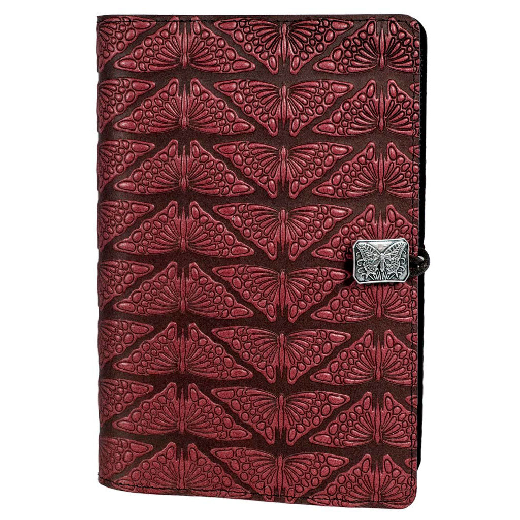 Oberon Design Refillable Large Leather Notebook Cover, Mariposas, WIne