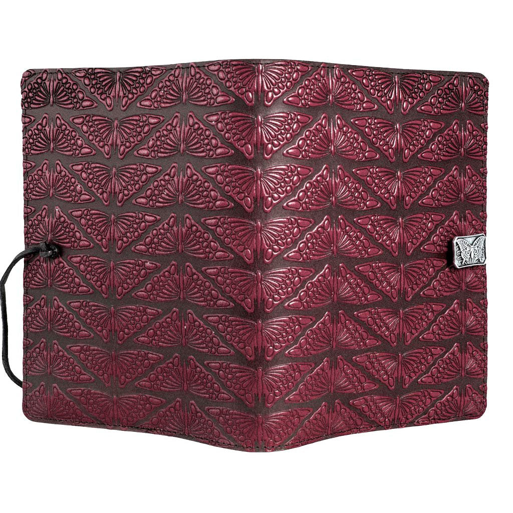Oberon Design Refillable Large Leather Notebook Cover, Mariposas,  Wine - Open