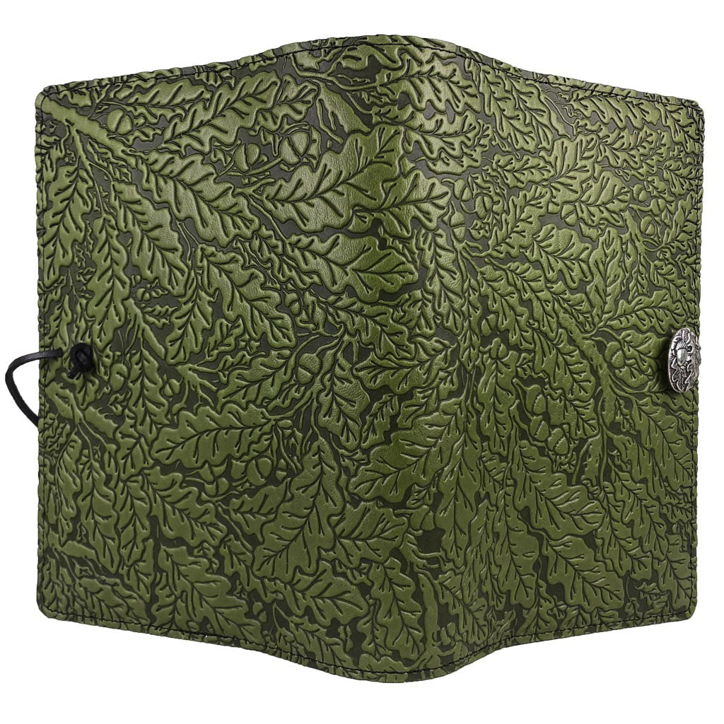 Oberon Design Large Refillable Leather Notebook Cover, Oak Leaves, Fern - Open