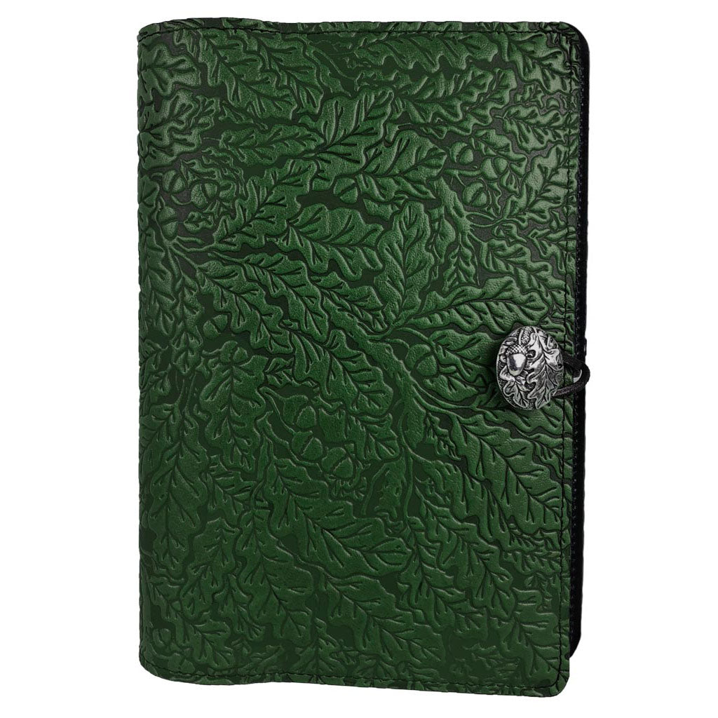 Oberon Design Large Refillable Leather Notebook Cover, Oak Leaves, Green