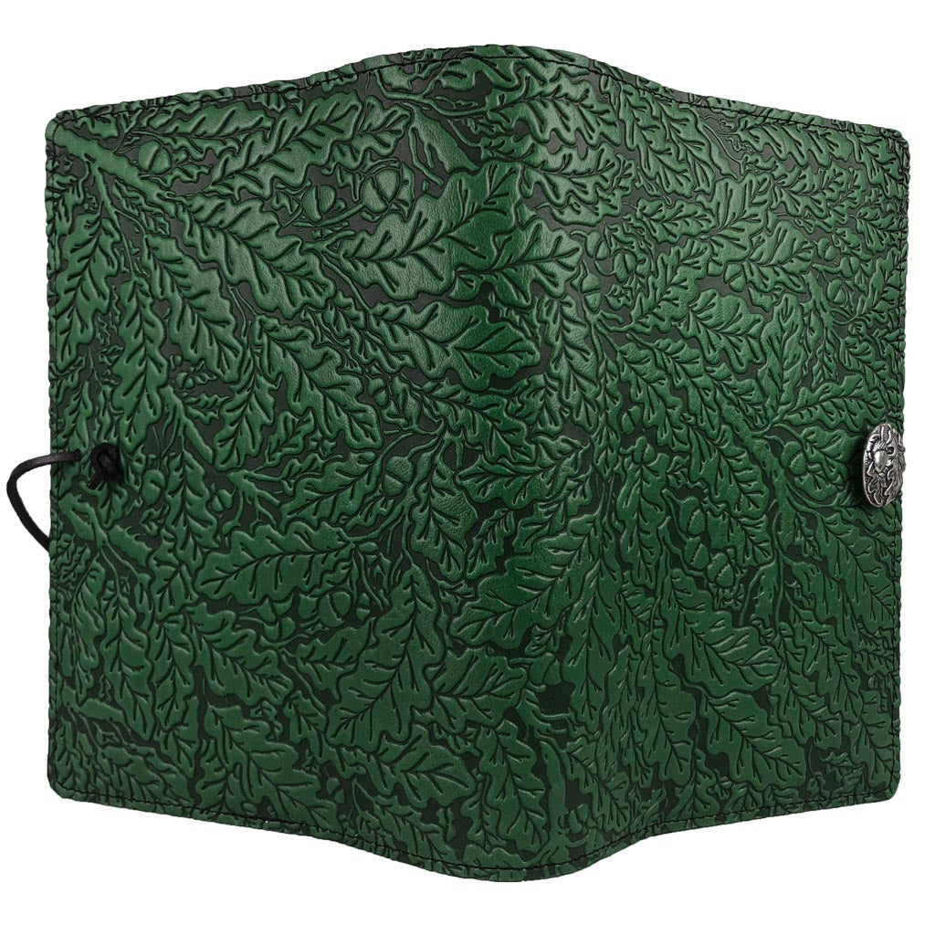 Oberon Design Large Refillable Leather Notebook Cover, Oak Leaves, Green, Open