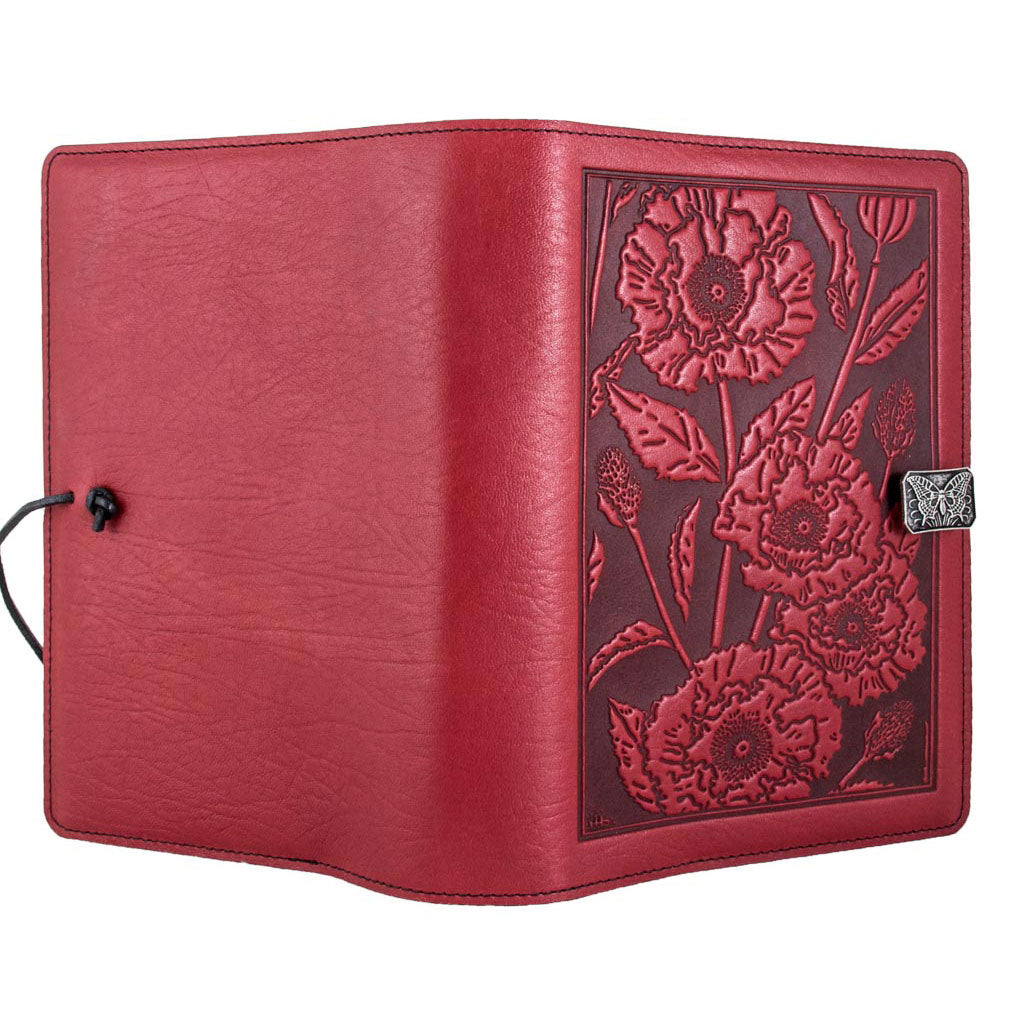 Oberon Design Refillable Large Leather Notebook Cover, Oriental Poppy, Red - Open