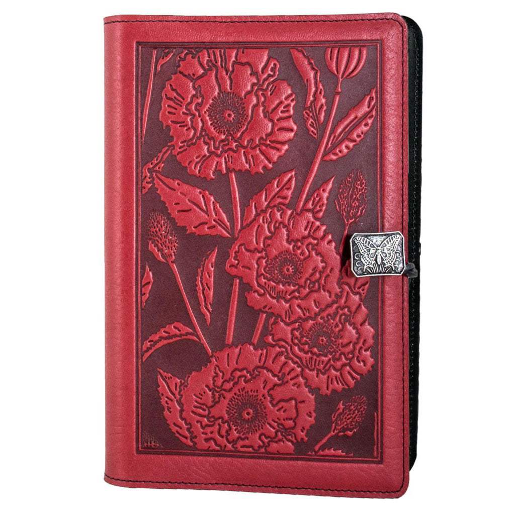 Oberon Design Refillable Large Leather Notebook Cover, Oriental Poppy, Red