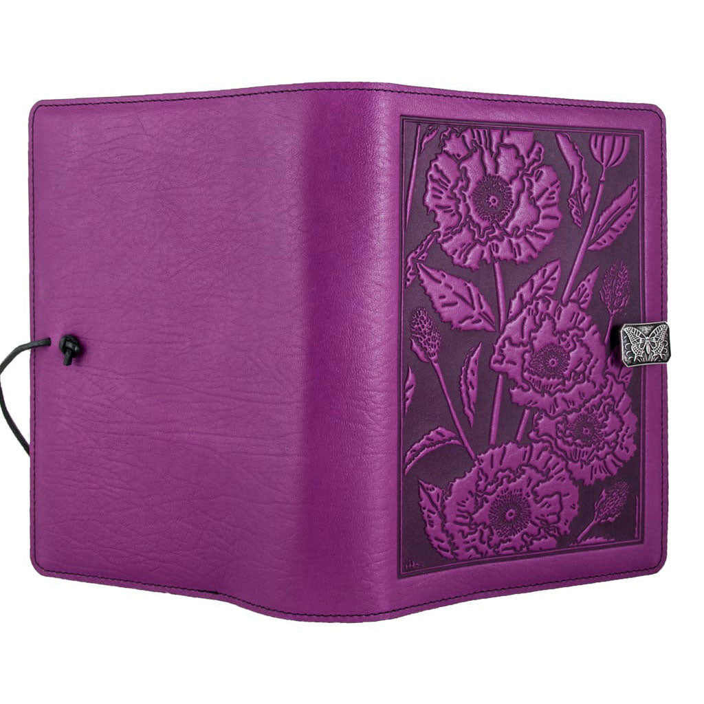 Oberon Design Refillable Large Leather Notebook Cover, Oriental Poppy, Orchid- Open