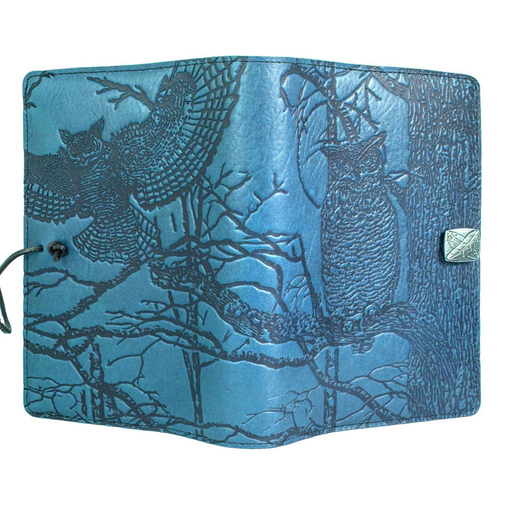 Oberon Design Large Refillable Leather Notebook Cover, Horned Owl, Blue - Open