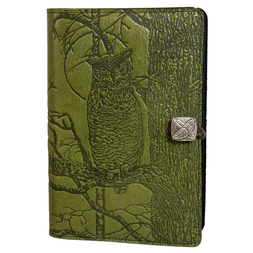 Oberon Design Large Refillable Leather Notebook Cover, Horned Owl, Fern