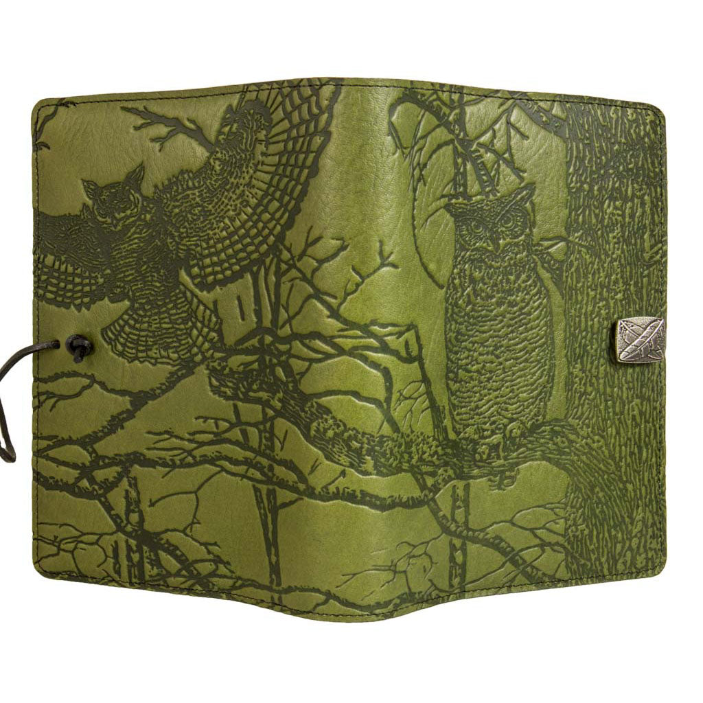Oberon Design Large Refillable Leather Notebook Cover, Horned Owl, Fern - Open