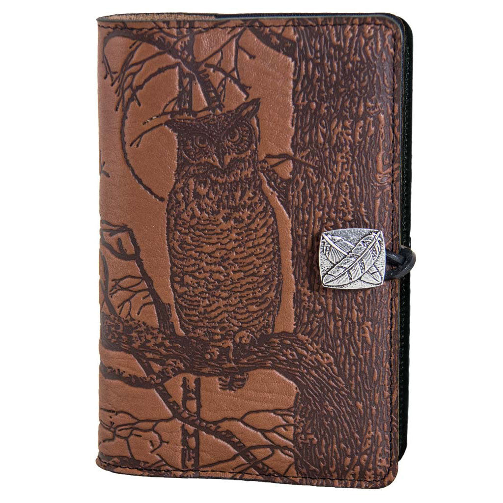 Oberon Design Large Refillable Leather Notebook Cover, Horned Owl, Saddle