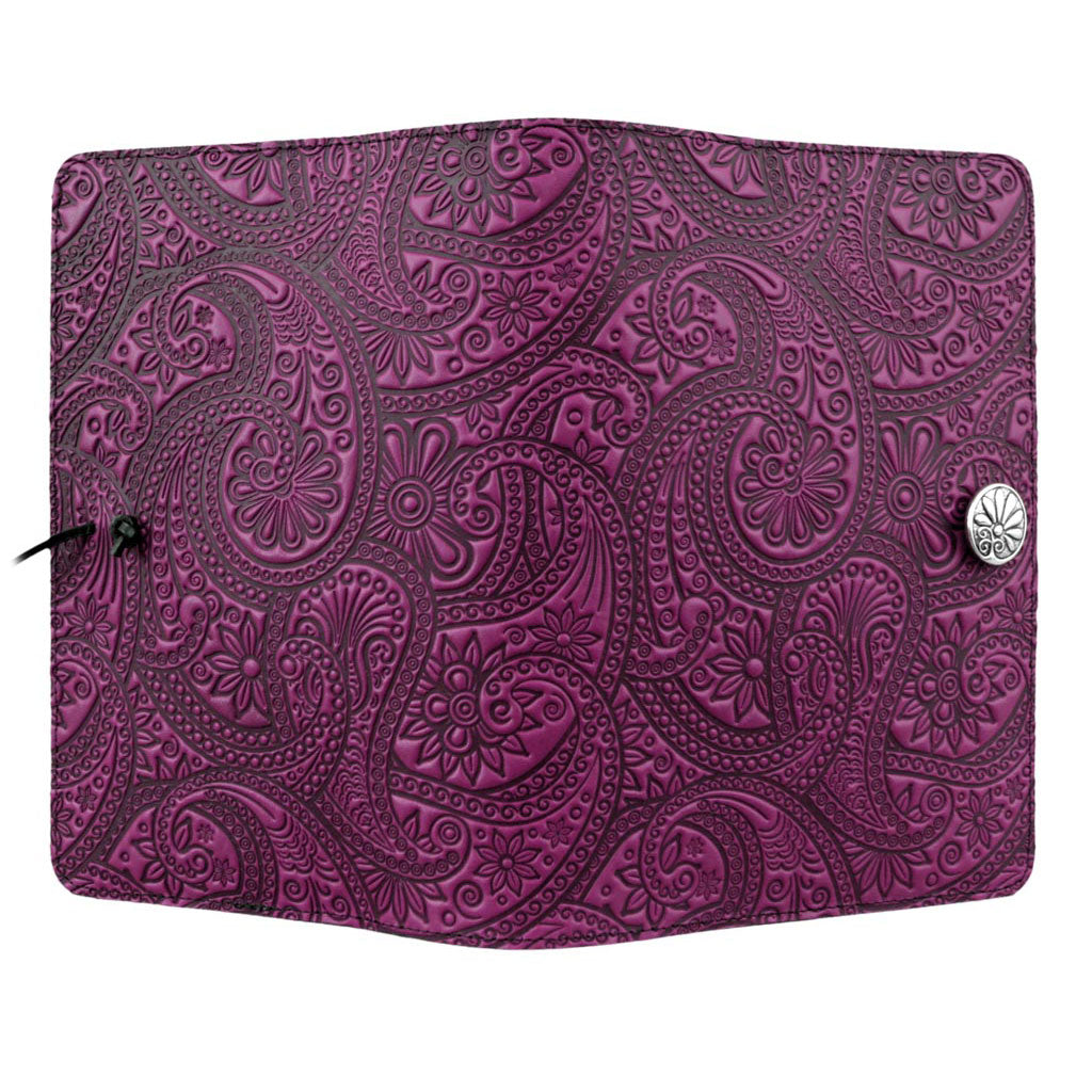 Oberon Design Large Leather Refillable Notebook Cover, Paisley, Orchid - Open