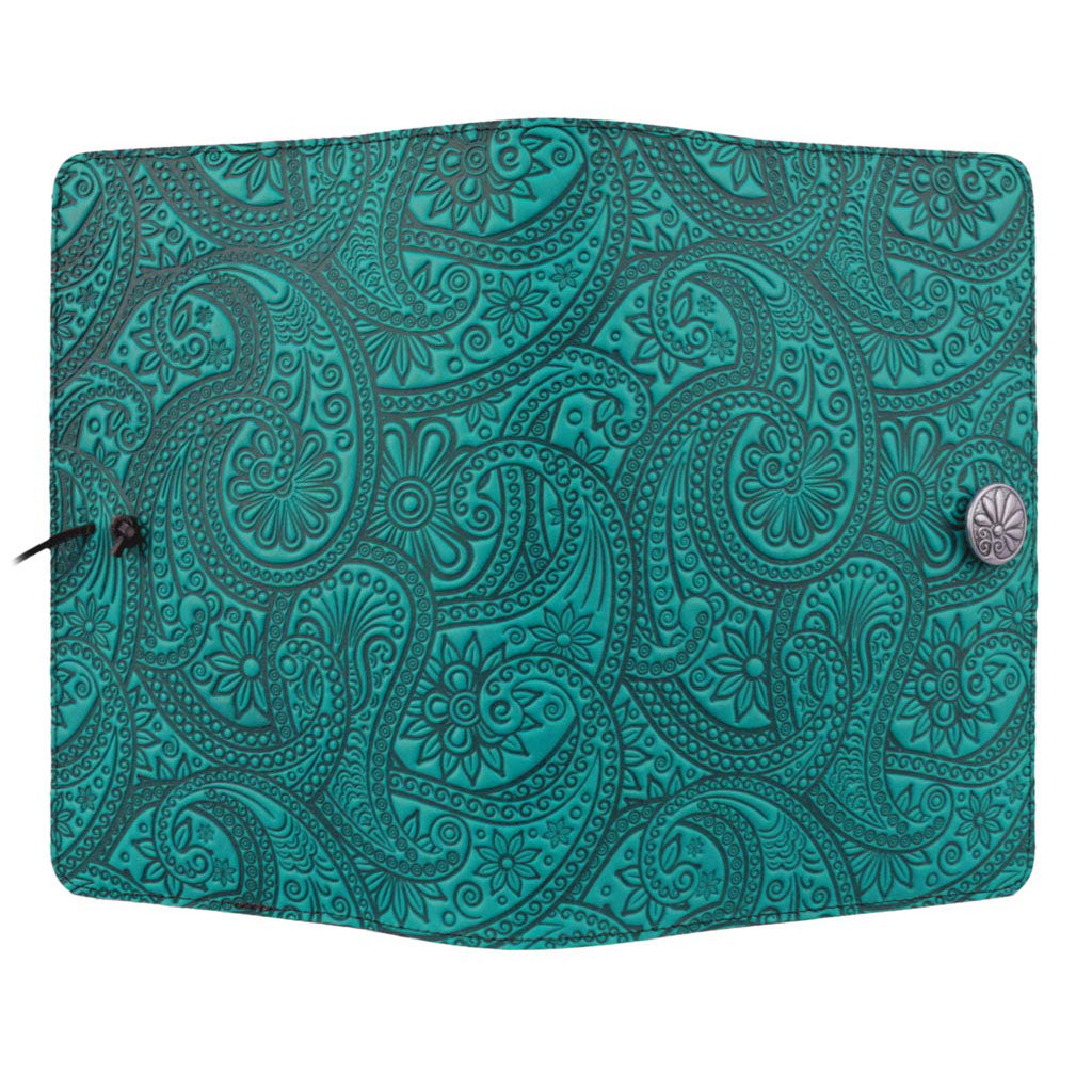 Oberon Design Large Leather Refillable Notebook Cover, Paisley, Teal - Open