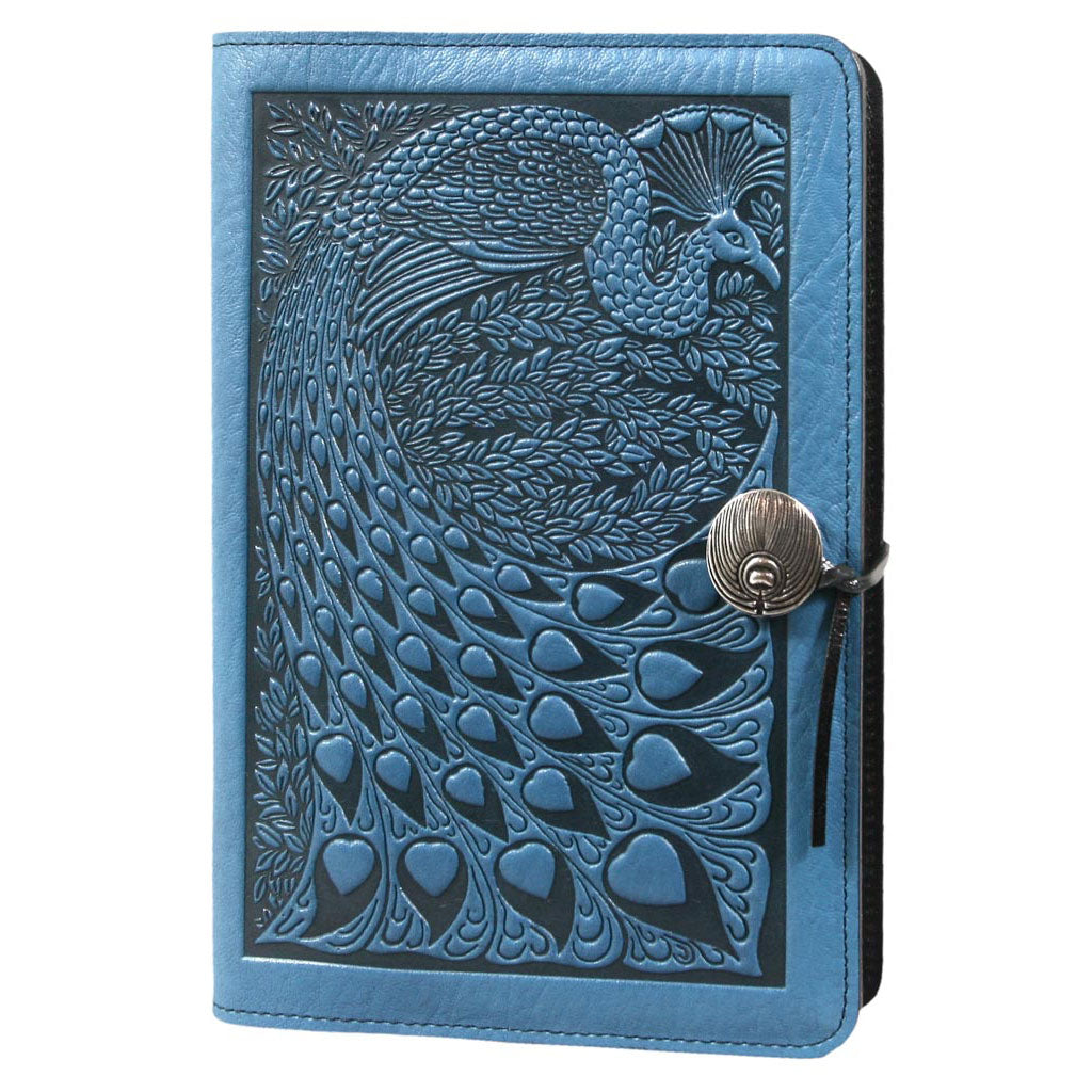 Oberon Design Refillable Large Leather Notebook Cover, Peacock, Blue