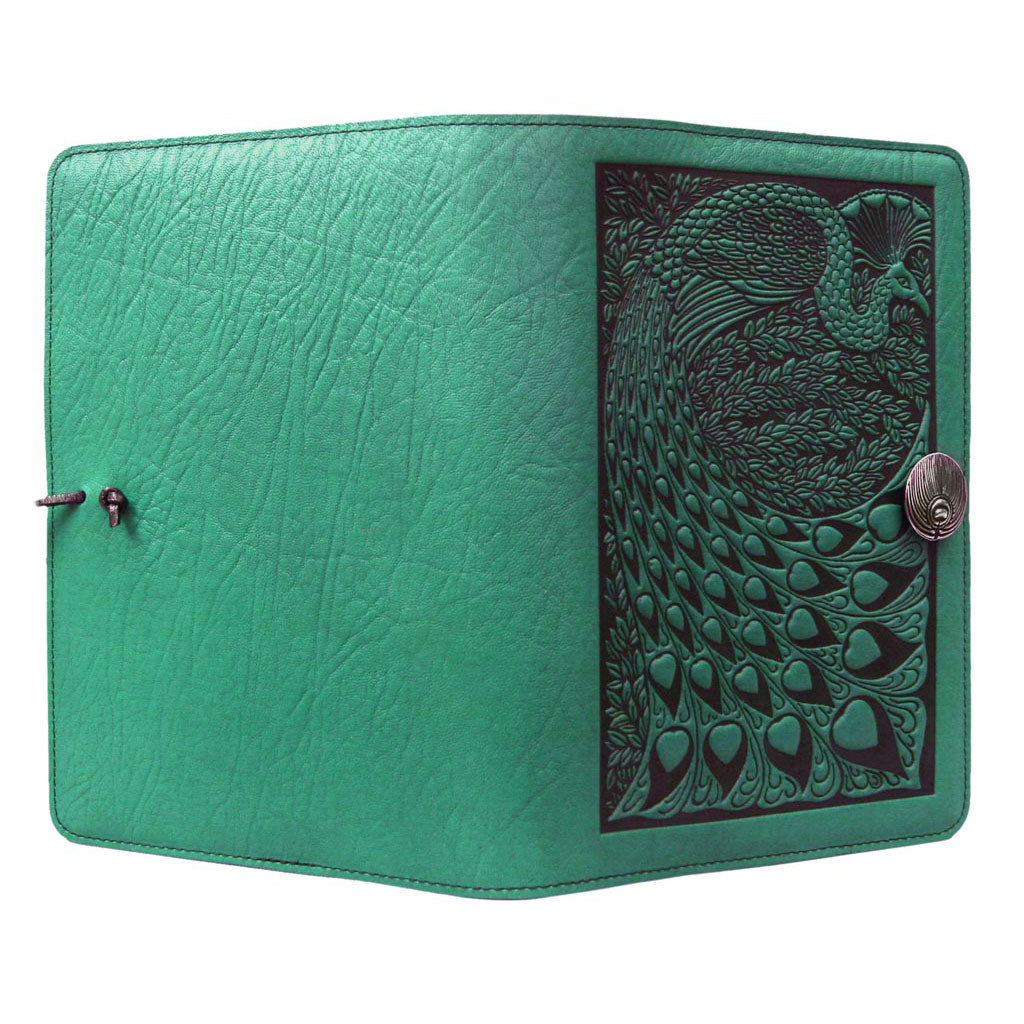 Oberon Design Refillable Large Leather Notebook Cover, Peacock, Teal - Open