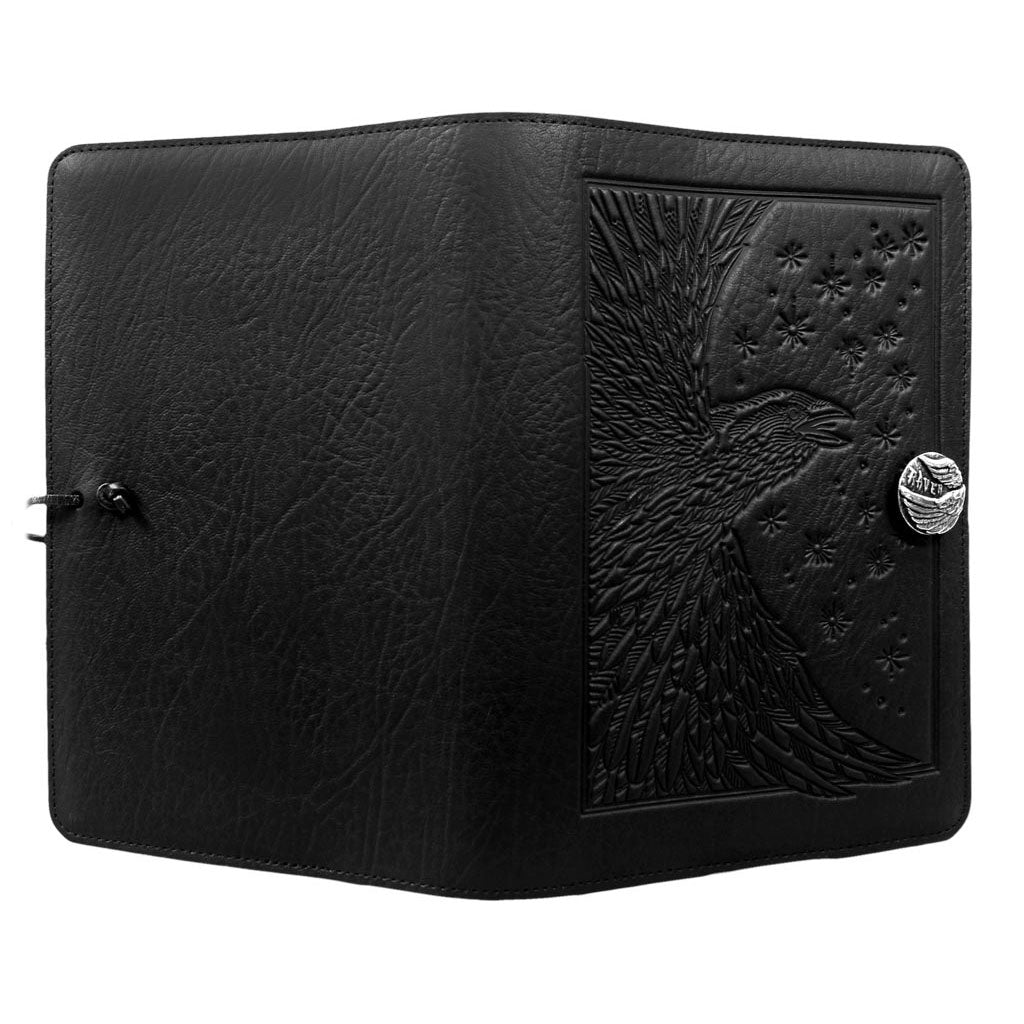 Oberon Design Refillable Large Leather Notebook Cover, Raven, Black - Open