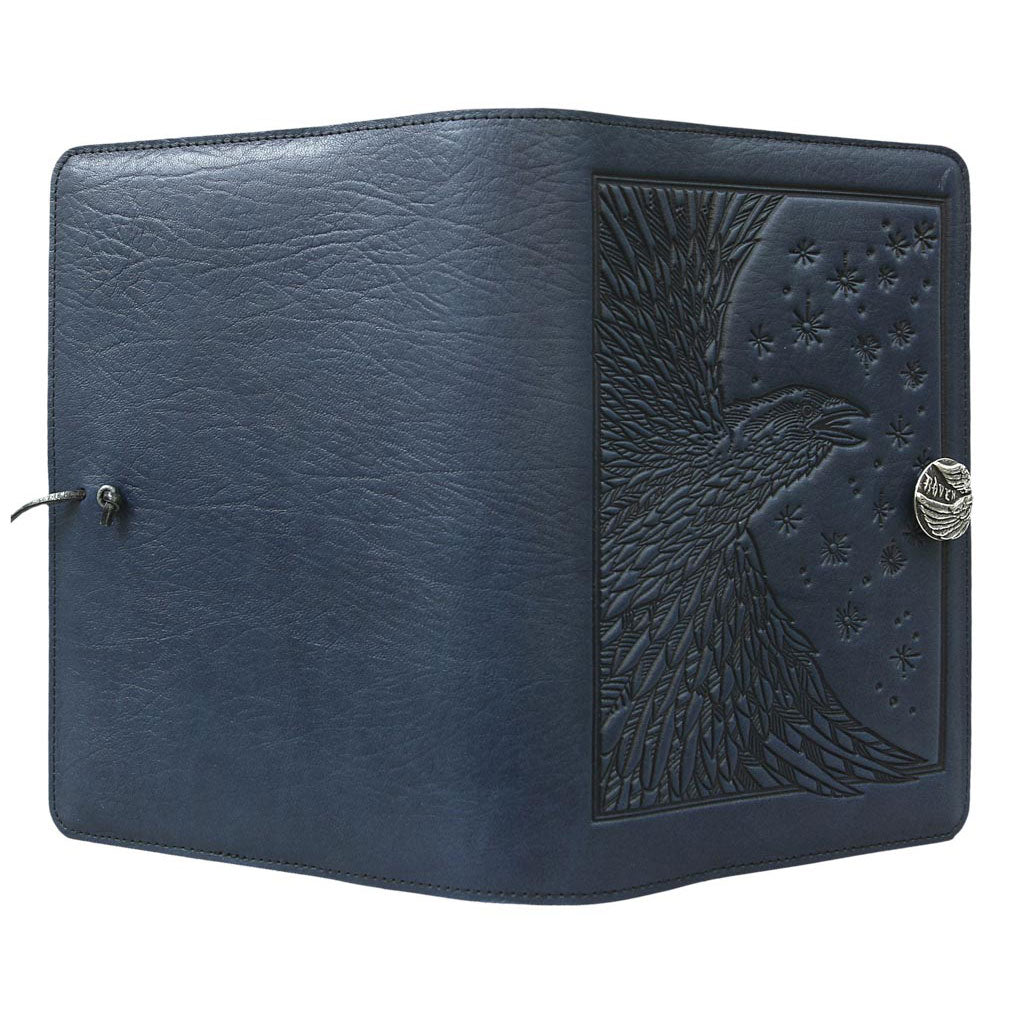 Oberon Design Refillable Large Leather Notebook Cover, Raven, Navy - Open