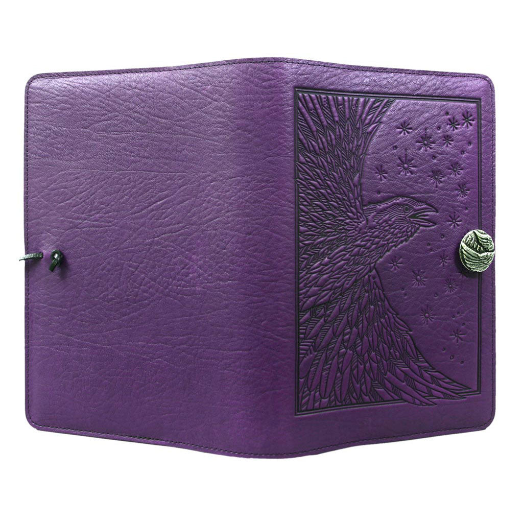 Oberon Design Refillable Large Leather Notebook Cover, Raven, Orchid - Open
