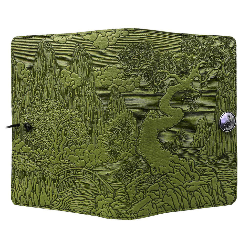 Oberon Design Refillable Large Leather Notebook Cover, River Garden, Fern - Open