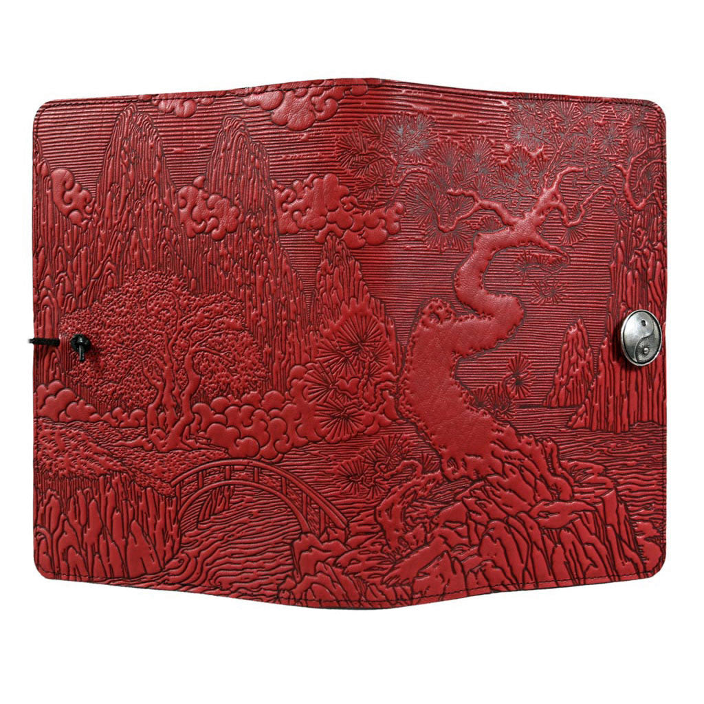 Oberon Design Refillable Large Leather Notebook Cover, River Garden, Red - Open