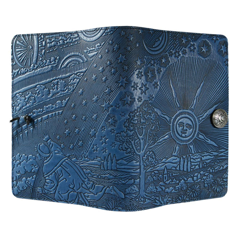 Oberon Design Refillable Large Leather Notebook Cover, Roof of Heaven, Blue - Open