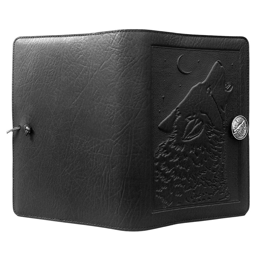 Oberon Design Refillable Large Leather Notebook Cover, Singing Wolf, Black - Open