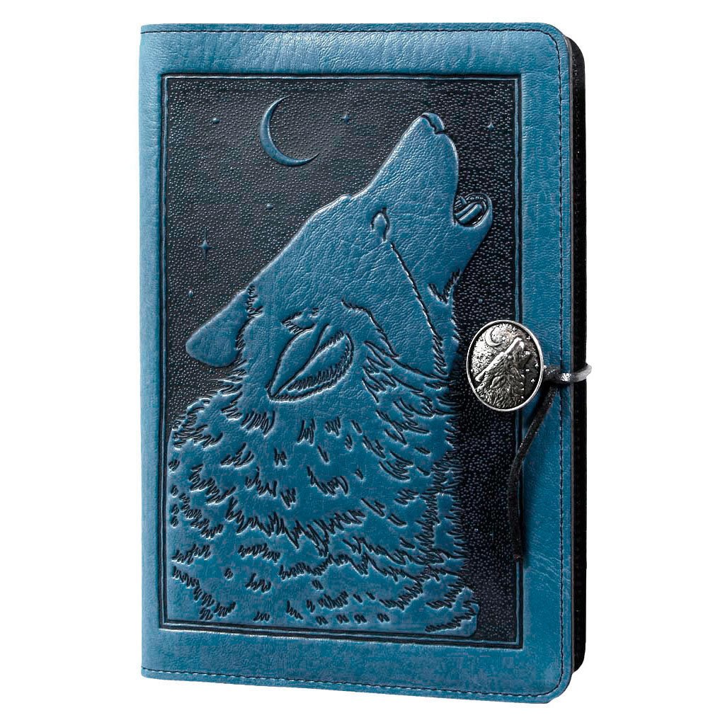 Oberon Design Refillable Large Leather Notebook Cover, Singing Wolf, Blue