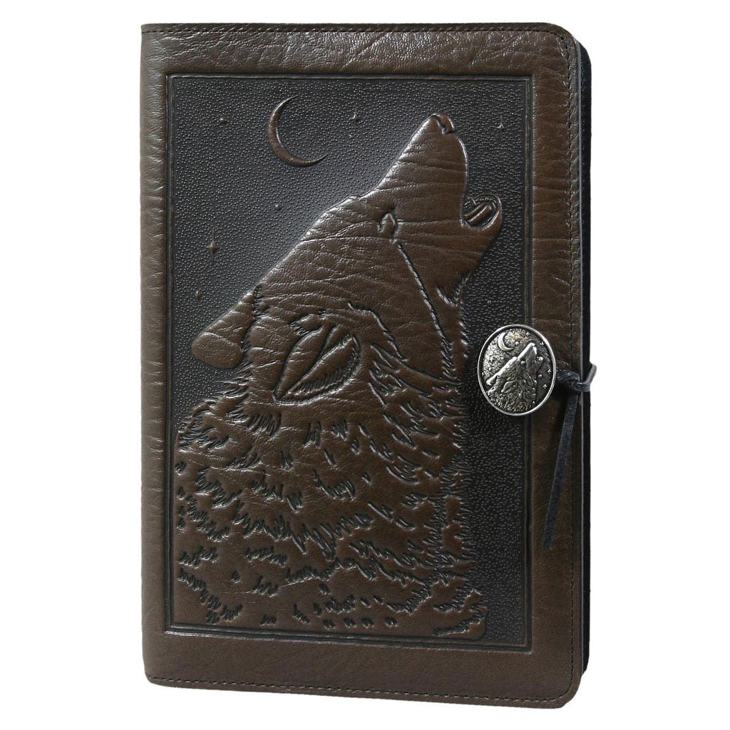Oberon Design Refillable Large Leather Notebook Cover, Singing Wolf, Chocolate