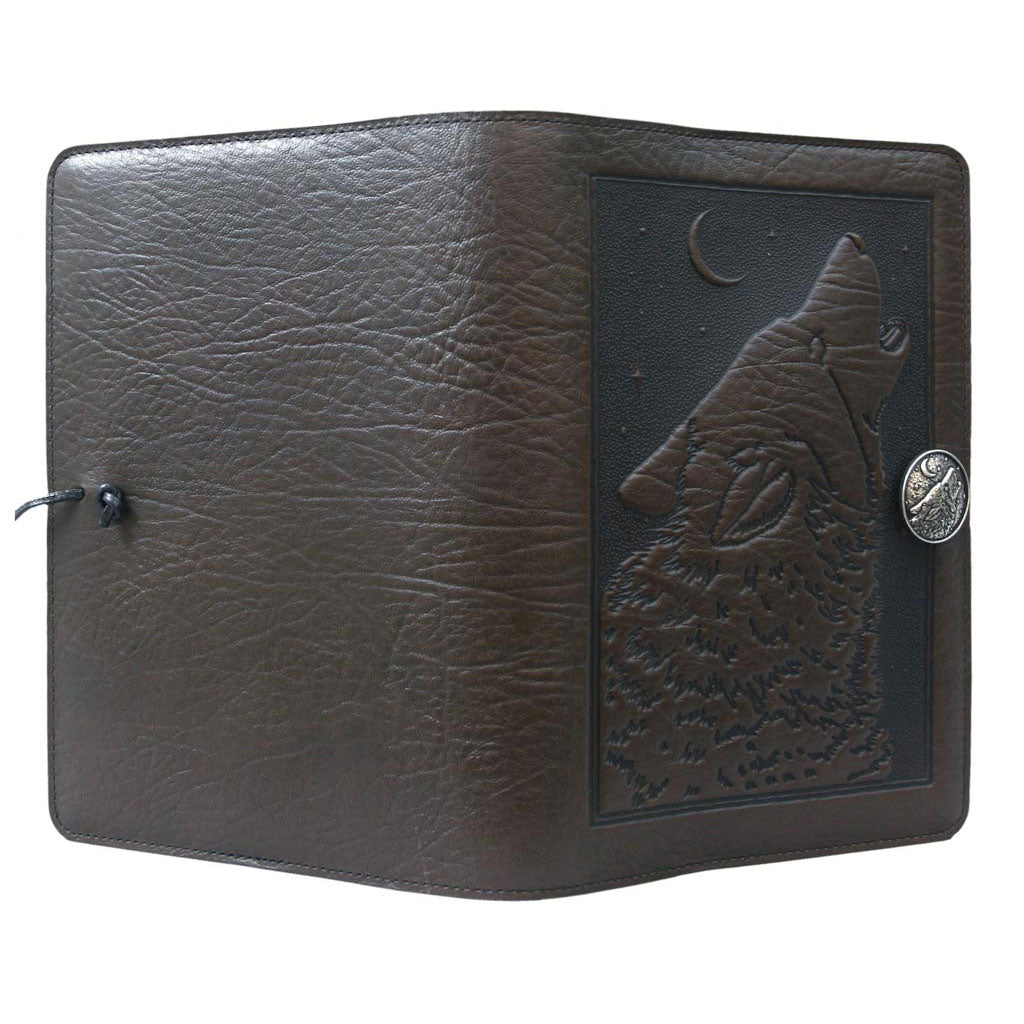 Oberon Design Refillable Large Leather Notebook Cover, Singing Wolf, Chocolate - Open