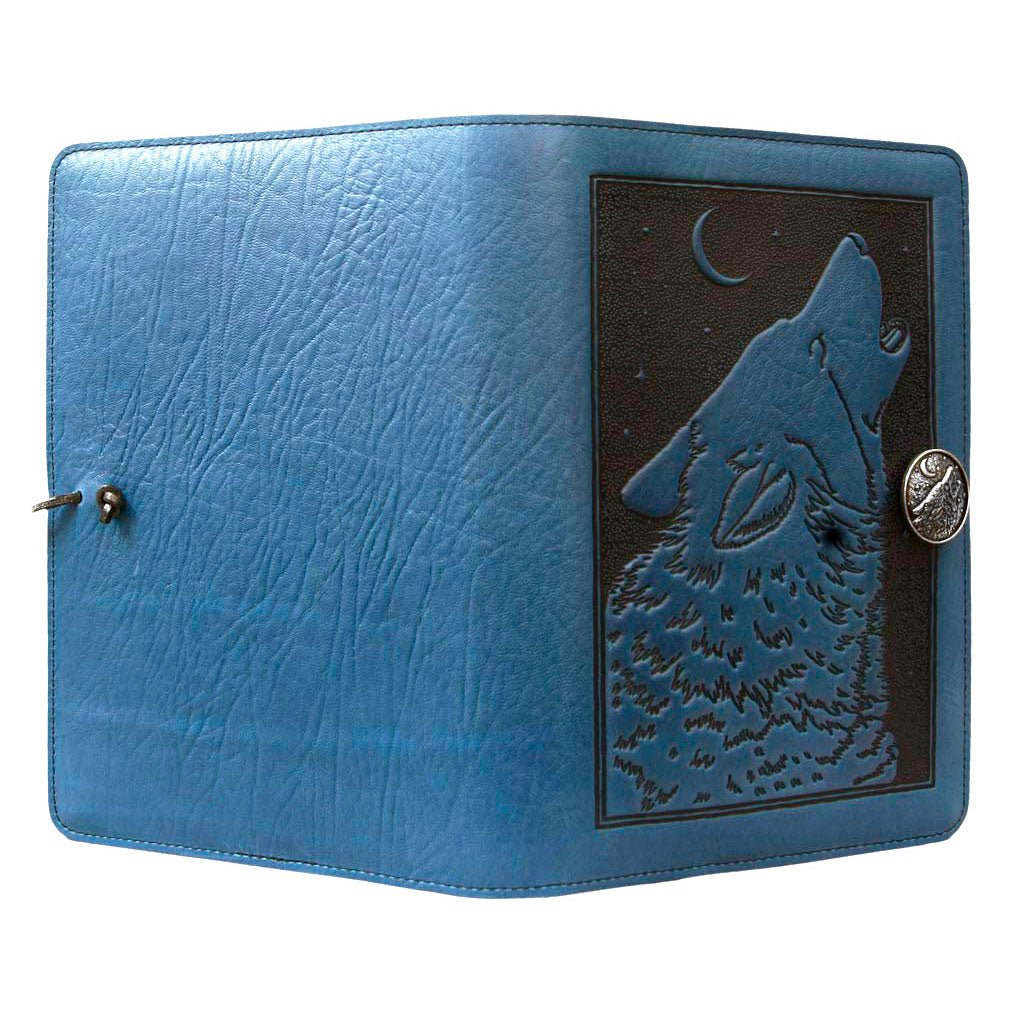 Oberon Design Refillable Large Leather Notebook Cover, Singing Wolf, Blue - Open