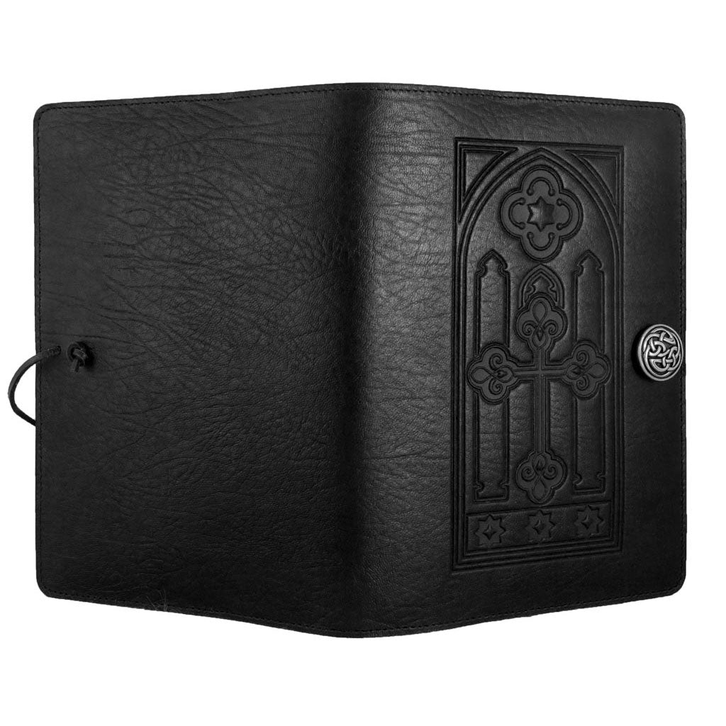 Oberon Design Refillable Large Leather Notebook Cover, Stained Glass, Black - Open