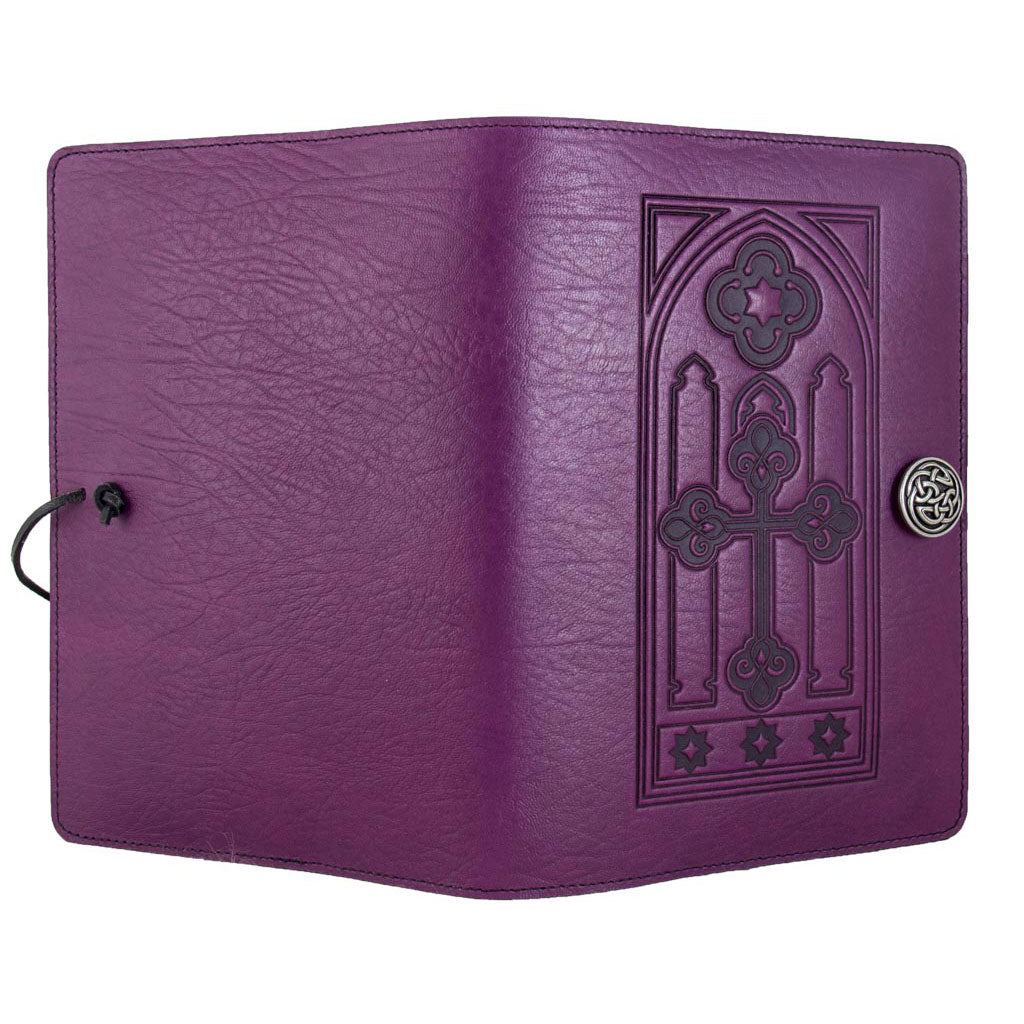 Oberon Design Refillable Large Leather Notebook Cover, Stained Glass, Orchid - Open