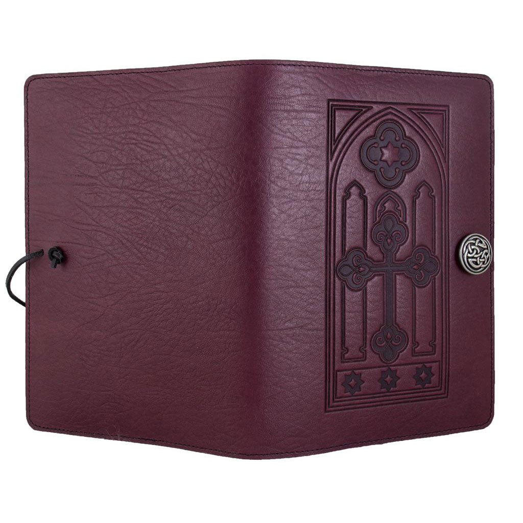 Oberon Design Refillable Large Leather Notebook Cover, Stained Glass, Wine - Open