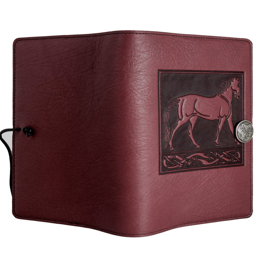 Oberon Design Refillable Large Leather Notebook Cover, Standing Horse, Wine - Open